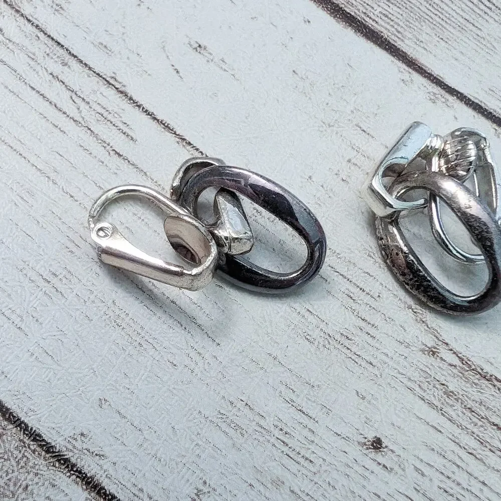 Vintage Clip On Earrings Dark Metallic Oval Dangle